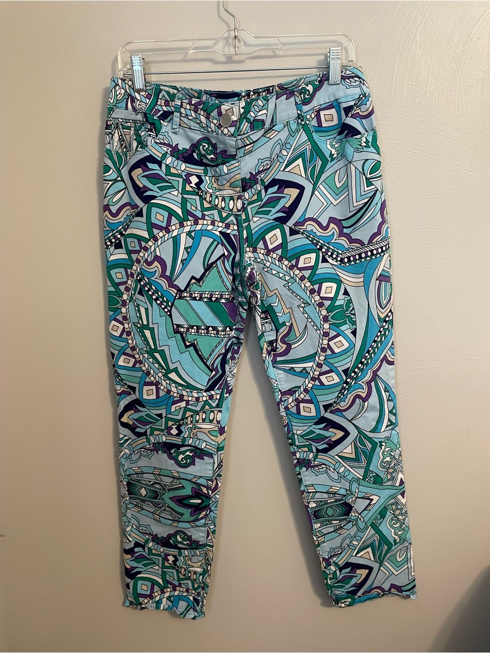Chicos Women’s Green & Blue Geometric Pants Size 1